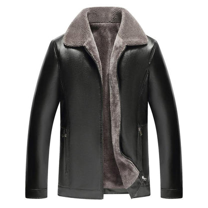 Men's Fashion Casual Polo Collar Fleece-lined Thickened Leather Jacket Coat - Cruish Home