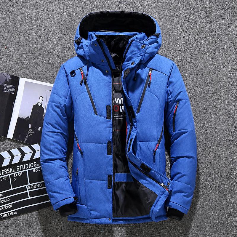 Men's Short Winter Thick White Duck Down Hooded Jacket Multi-pocket Outdoor Set - Cruish Home