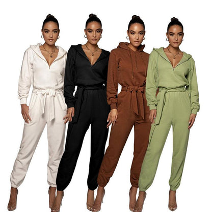 Slim-fit Long Sleeve Solid Color Hooded Half-open Collar Urban Leisure Women's Jumpsuit - Cruish Home