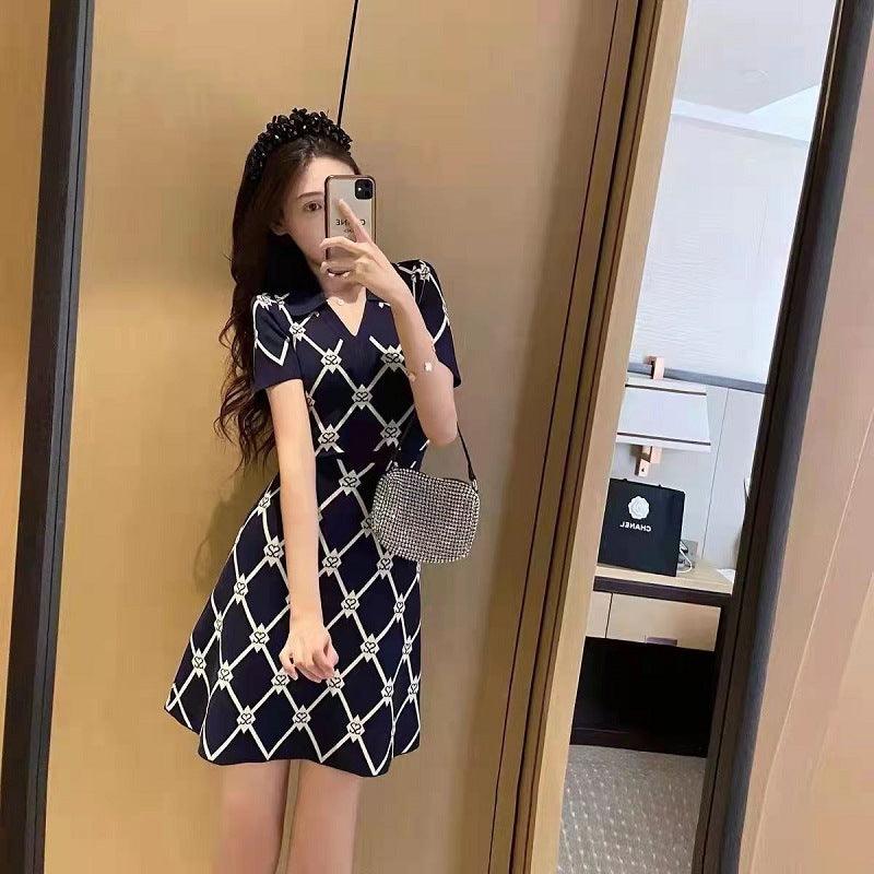 Letter Diamond Plaid Knitted Dress Women's V-neck Short Sleeve A- Line Skirt - Cruish Home