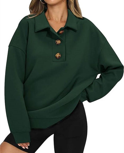 Solid Color Polo Collar Loose Long Sleeve Sweatershirt - Cruish Home