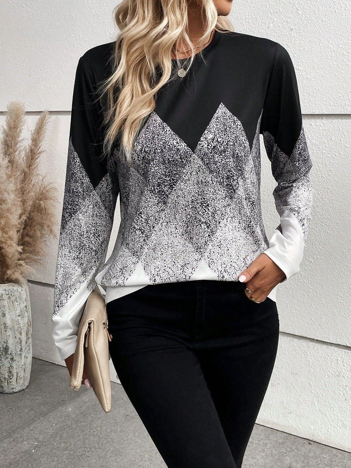 Women's Clothing Digital Positioning Printing Round Neck Long Sleeve Top Female - Cruish Home