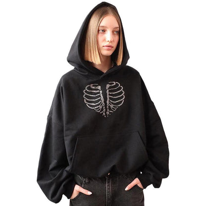 Trendy Skeleton Rhinestone Loose Hooded Sweater - Cruish Home