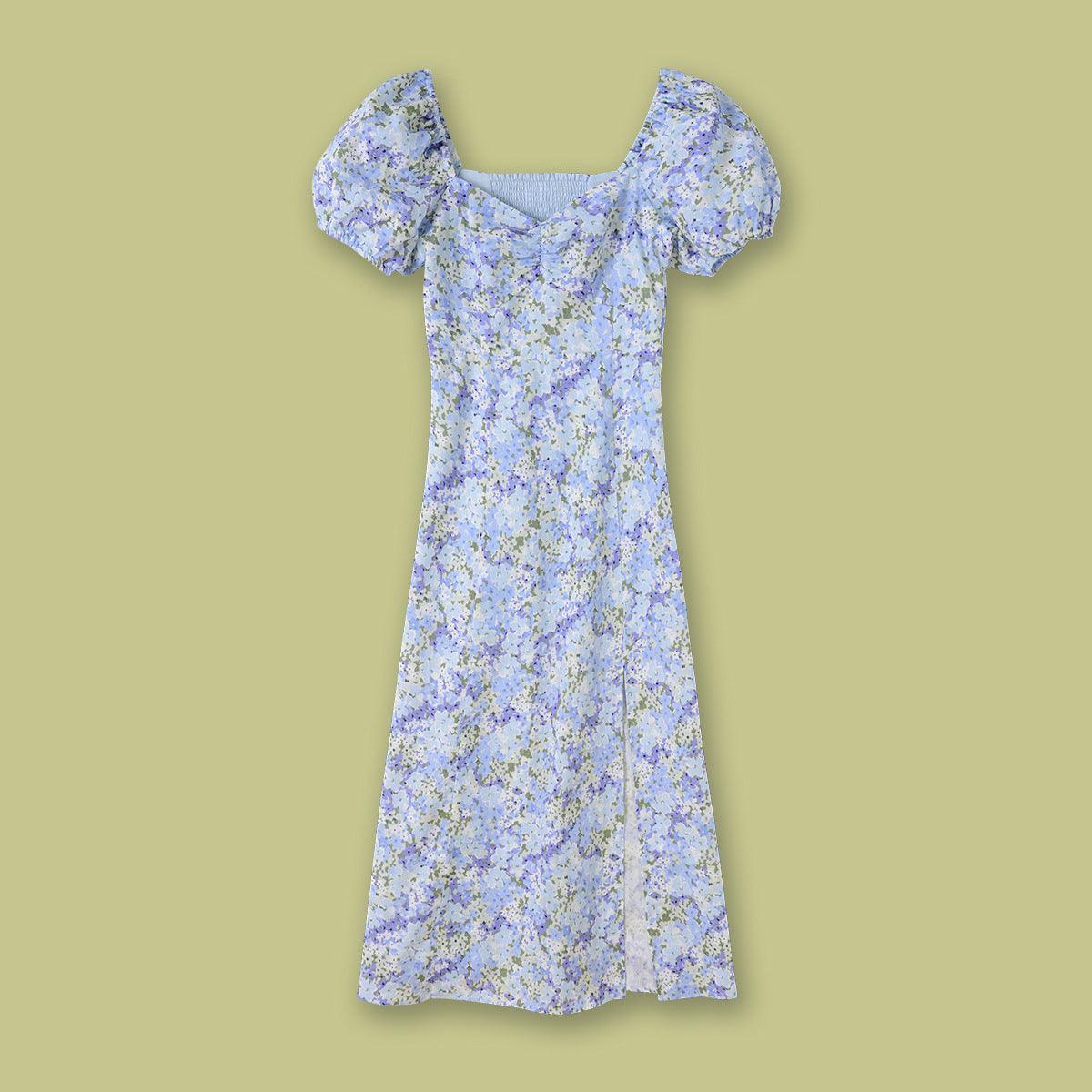 Linen Puff Sleeve Mid-length Dress Light Blue French Floral - Cruish Home