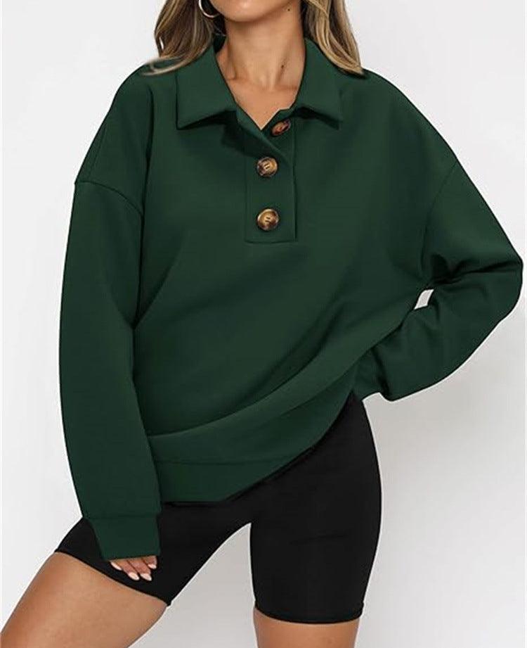 Solid Color Polo Collar Loose Long Sleeve Sweatershirt - Cruish Home