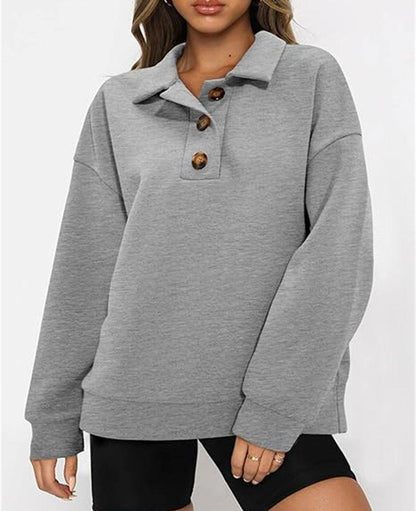 Solid Color Polo Collar Loose Long Sleeve Sweatershirt - Cruish Home