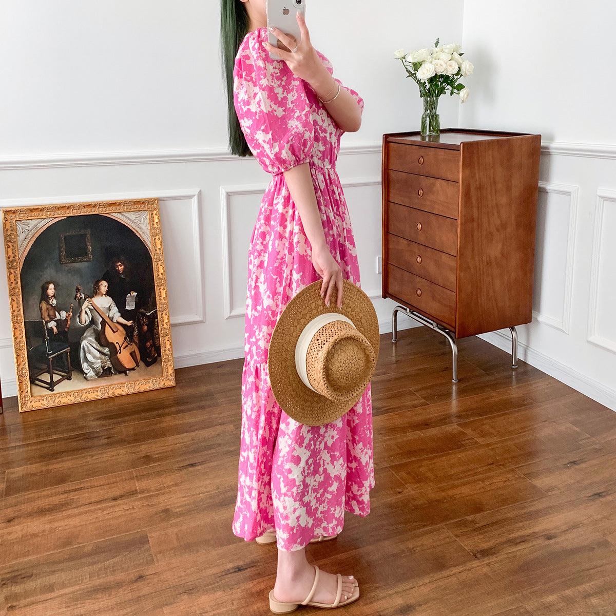 Spring And Summer New Layered Long Dress Printed Puff Sleeve Rose Red - Cruish Home