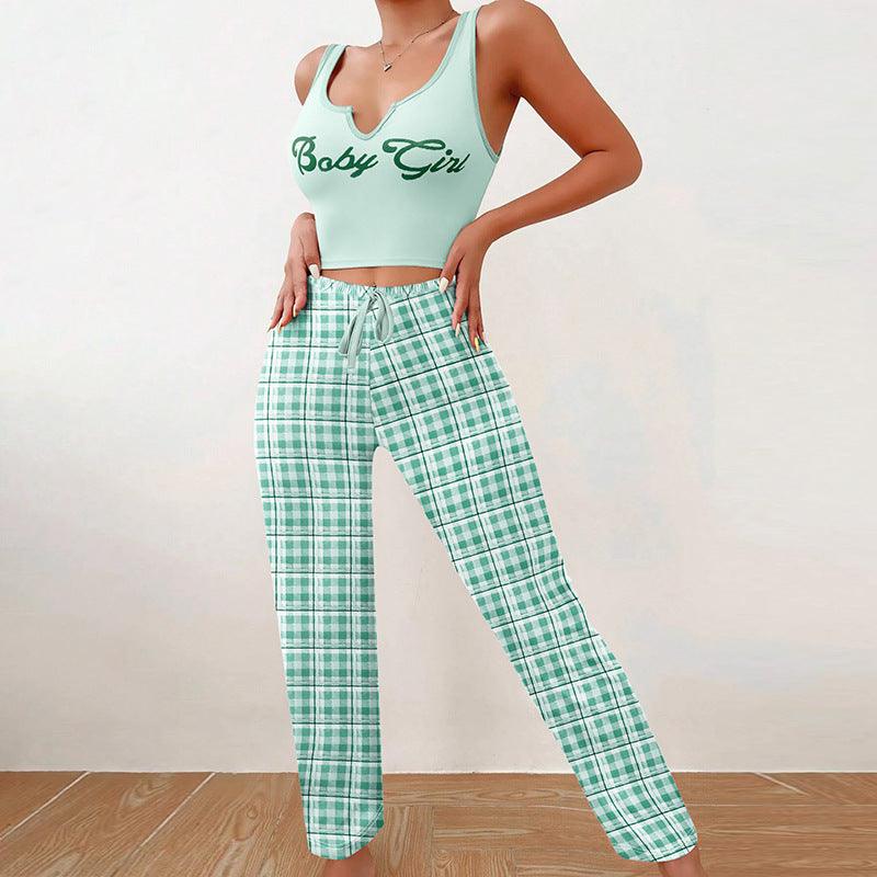 Homewear Vest Color Matching Plaid Trousers Letter Print Top Pajamas For Women - Cruish Home