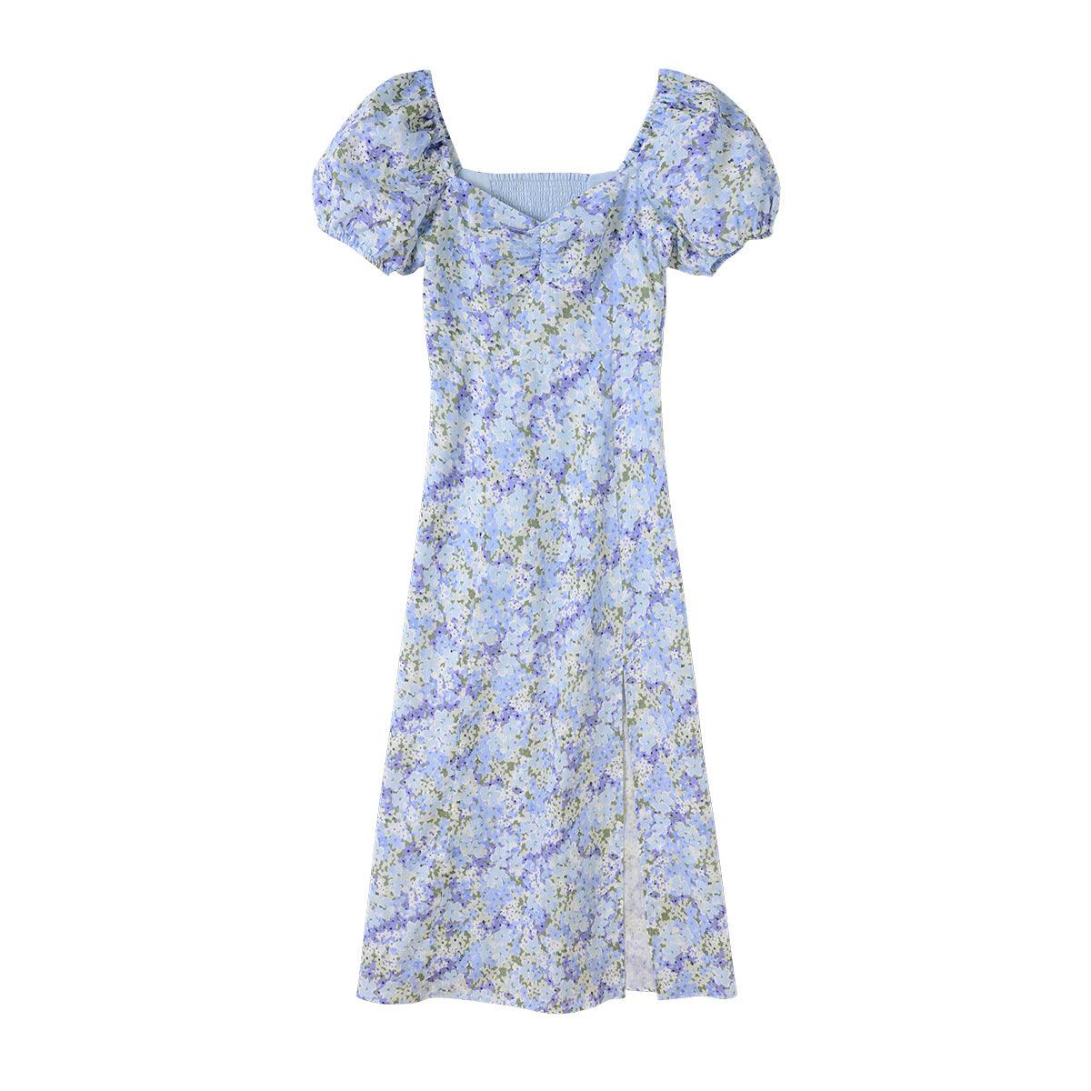 Linen Puff Sleeve Mid-length Dress Light Blue French Floral - Cruish Home