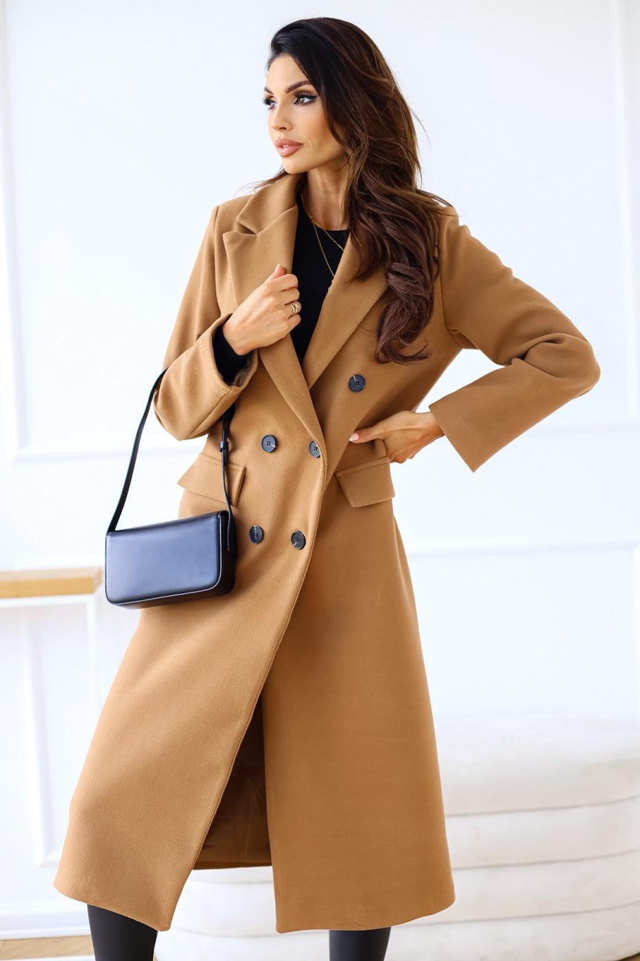 Women's Fashion Simple Double Breasted Long Sleeve Lapel Button Woolen Coat - Cruish Home