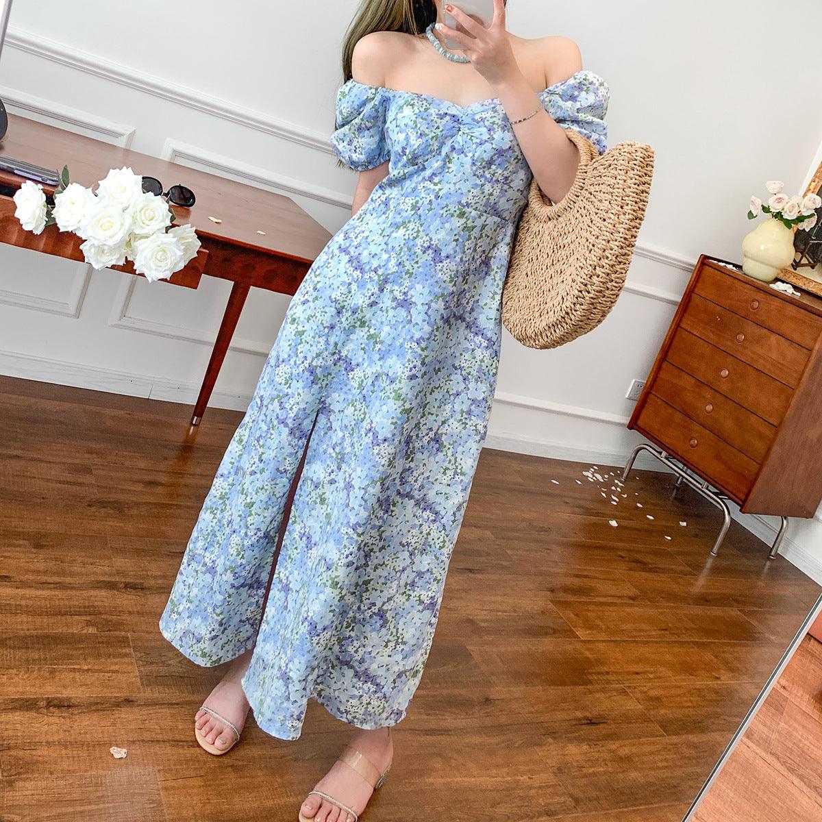 Linen Puff Sleeve Mid-length Dress Light Blue French Floral - Cruish Home