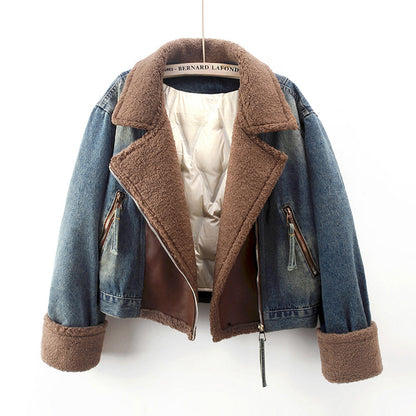 Lamb Wool Stitching Lightweight Down Liner Fleece-lined Denim Coat Women's Short Top Jacket