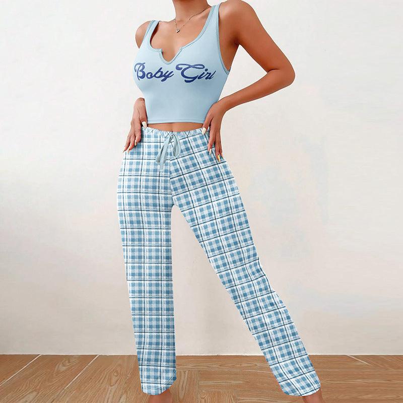 Homewear Vest Color Matching Plaid Trousers Letter Print Top Pajamas For Women - Cruish Home