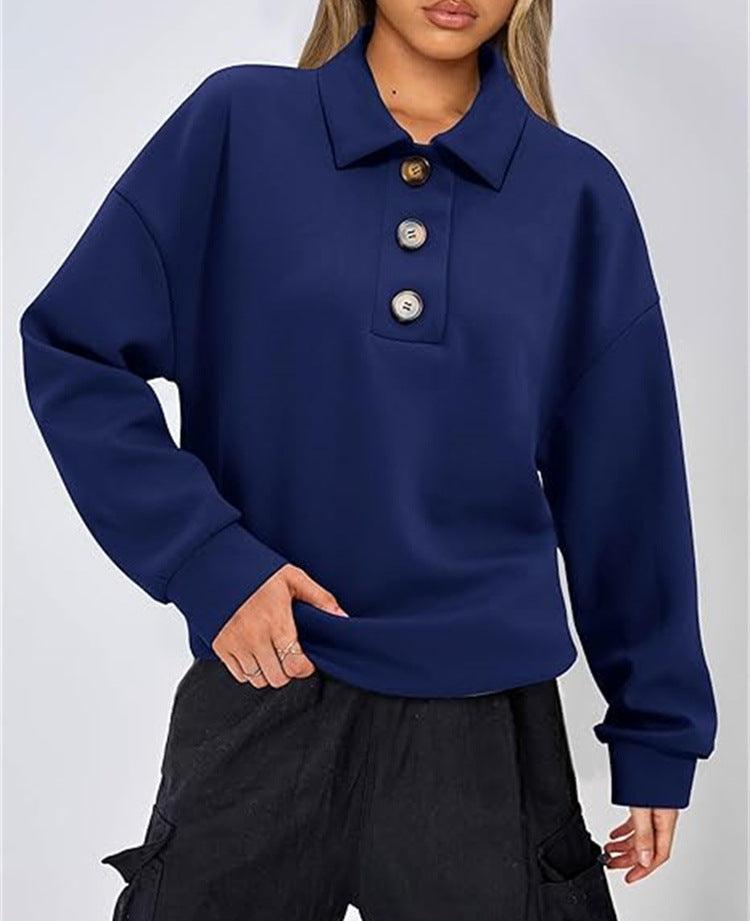 Solid Color Polo Collar Loose Long Sleeve Sweatershirt - Cruish Home