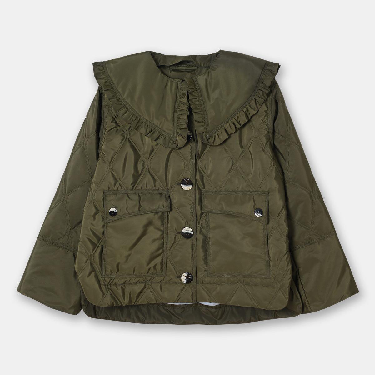 Olive Detachable Ruffled Quilted Lapel Jacket Coat Thin Cotton Clothing - Cruish Home