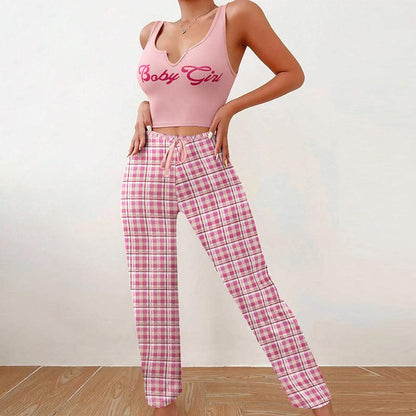 Homewear Vest Color Matching Plaid Trousers Letter Print Top Pajamas For Women - Cruish Home