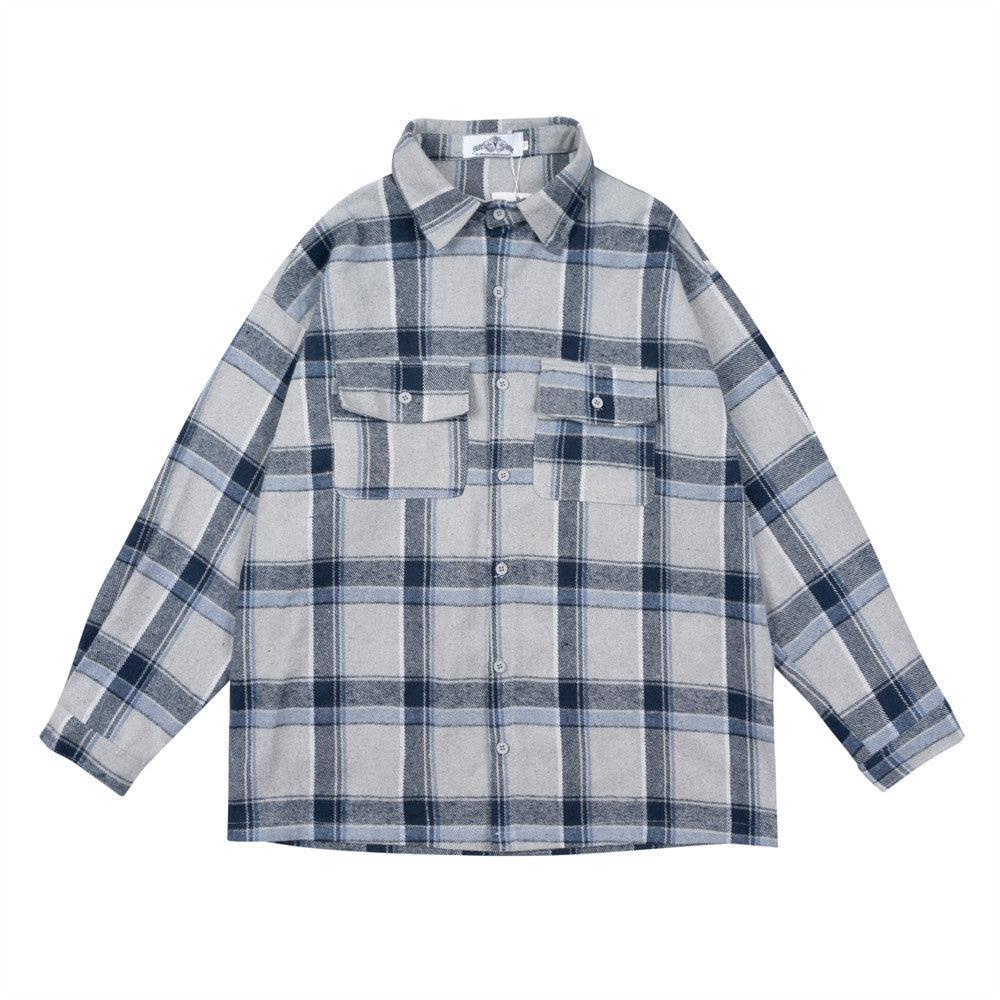 Plaid Men's Long-sleeved National Fashion Loose Pockets Stylish Shirt Coat - Cruish Home