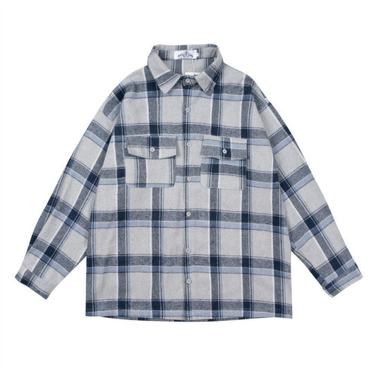 Plaid Men's Long-sleeved National Fashion Loose Pockets Stylish Shirt Coat - Cruish Home