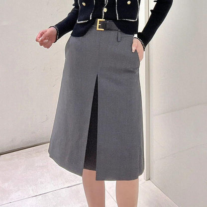 Women's Skirt Gray Worsted Pleated Suit A- Line Skirt Business Wear - Cruish Home