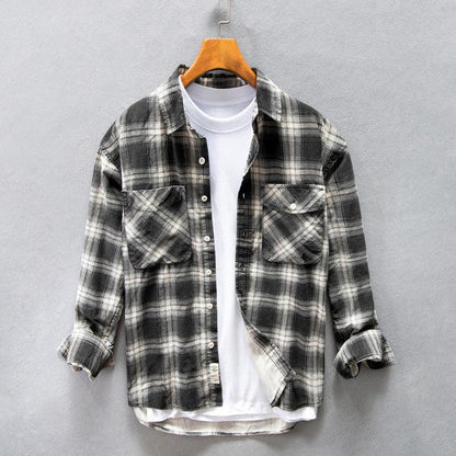 High-end Pure Cotton Trendy Plaid Long-sleeved Shirt Men's Casual Loose Shirt Thickened Coat - Cruish Home