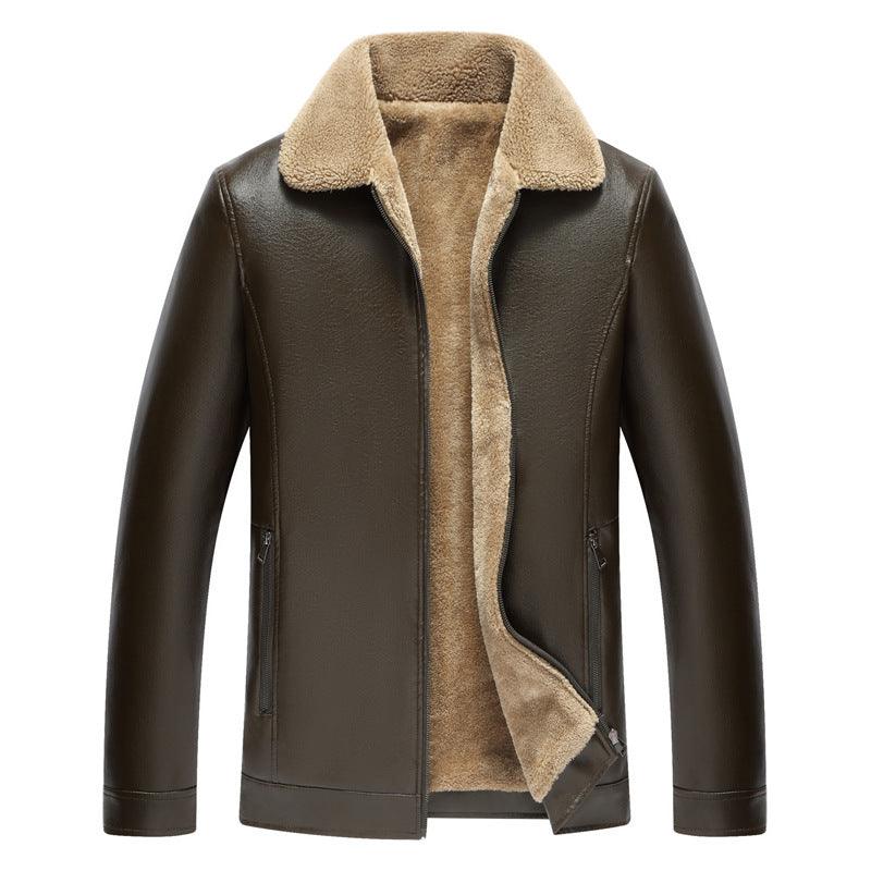 Men's Fashion Casual Polo Collar Fleece-lined Thickened Leather Jacket Coat - Cruish Home