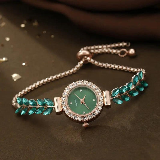 Fashion Green Leaf Fine Band Diamond Round Women's Watch - Cruish Home