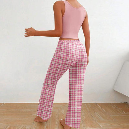 Homewear Vest Color Matching Plaid Trousers Letter Print Top Pajamas For Women - Cruish Home