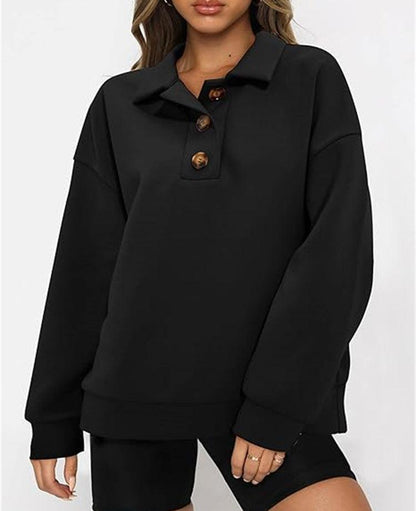 Solid Color Polo Collar Loose Long Sleeve Sweatershirt - Cruish Home