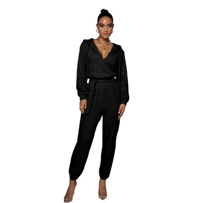 Slim-fit Long Sleeve Solid Color Hooded Half-open Collar Urban Leisure Women's Jumpsuit - Cruish Home