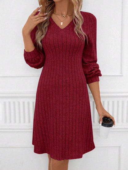 Women's V-neck Long-sleeved Knitted Sunken Stripe Loose Dress - Cruish Home