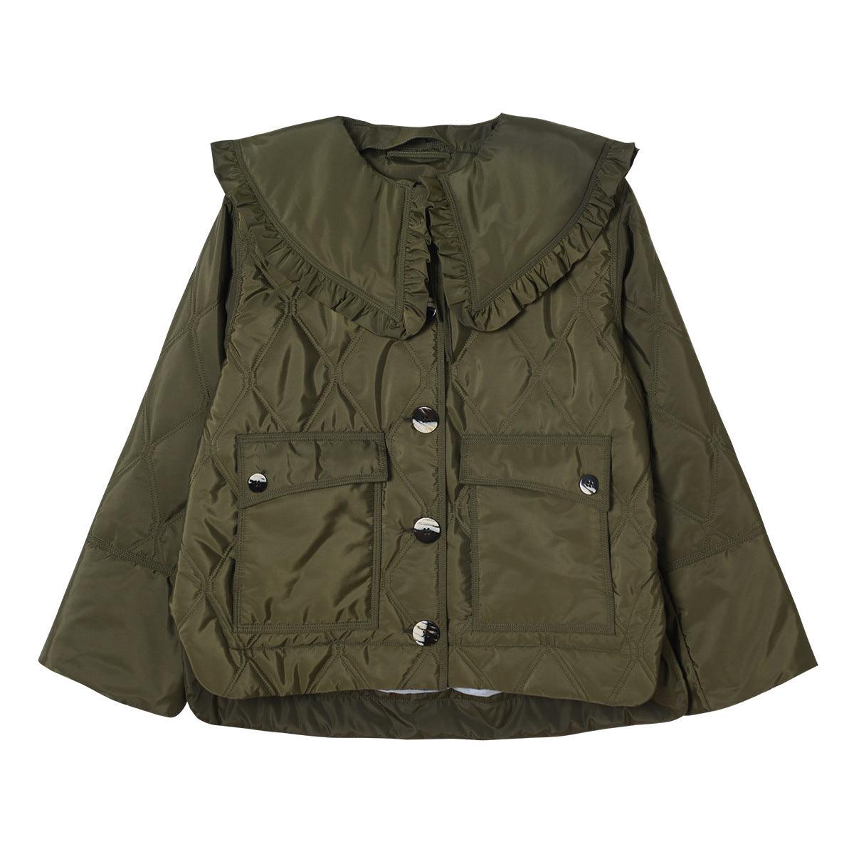 Olive Detachable Ruffled Quilted Lapel Jacket Coat Thin Cotton Clothing - Cruish Home