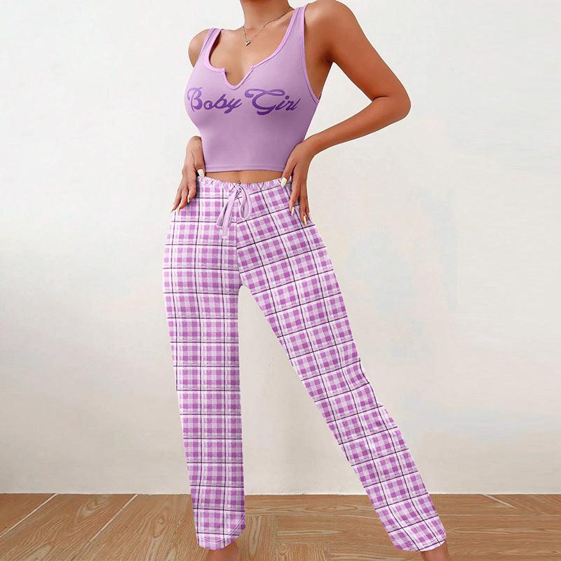 Homewear Vest Color Matching Plaid Trousers Letter Print Top Pajamas For Women - Cruish Home