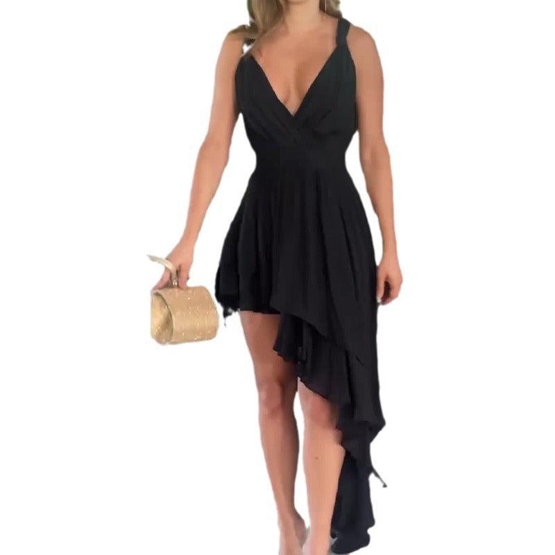 Low Cut Irregular Ruffled Design Sling Dress - Cruish Home