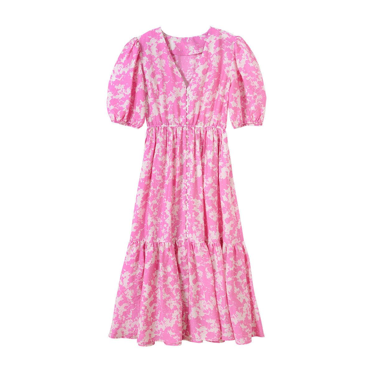 Spring And Summer New Layered Long Dress Printed Puff Sleeve Rose Red - Cruish Home