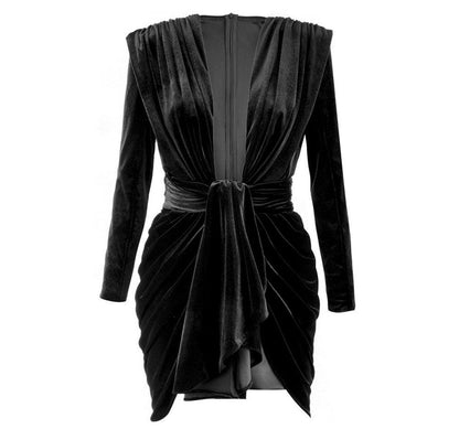 Women's V-neck Black Velvet Pleated Zou Sheath Dress - Cruish Home