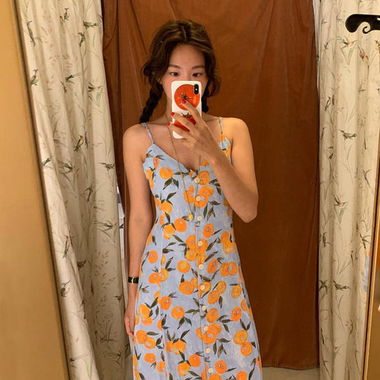 French Strap Single-breasted Dress Fruit Orange Printed Vacation Style Mid-length Dress - Cruish Home