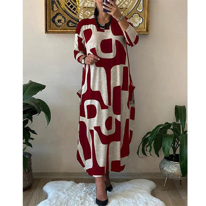 Women's Fashion Printed Loose Round-neck Long-sleeved Dress - Cruish Home