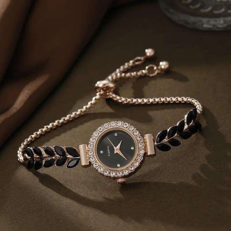 Fashion Green Leaf Fine Band Diamond Round Women's Watch - Cruish Home