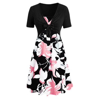 V-neck Twisted Flower Short Sleeve Printed Irregular Dress - Cruish Home