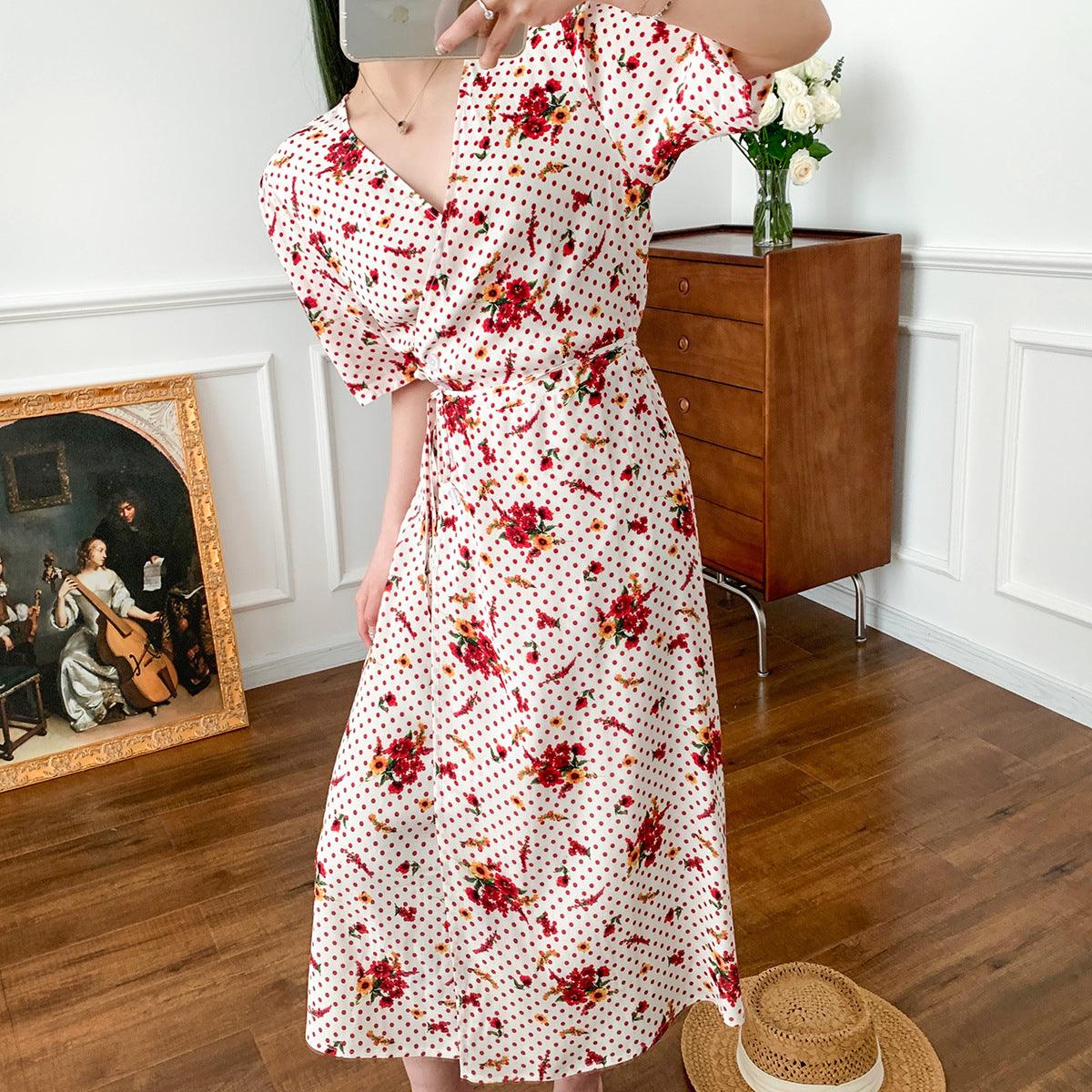 Retro French dress with puff sleeves and polka dot print