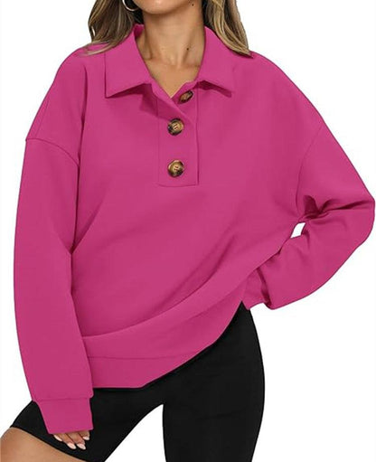 Solid Color Polo Collar Loose Long Sleeve Sweatershirt - Cruish Home