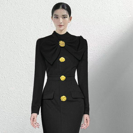 Stand Collar Long Sleeve Bowknot Waist-tight Fastener Decoration Hip Split Mid-length Dress - Cruish Home