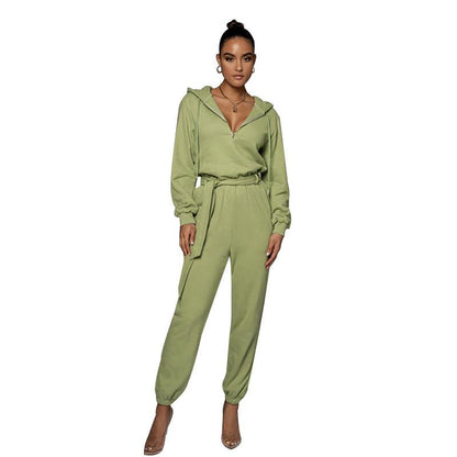 Slim-fit Long Sleeve Solid Color Hooded Half-open Collar Urban Leisure Women's Jumpsuit - Cruish Home