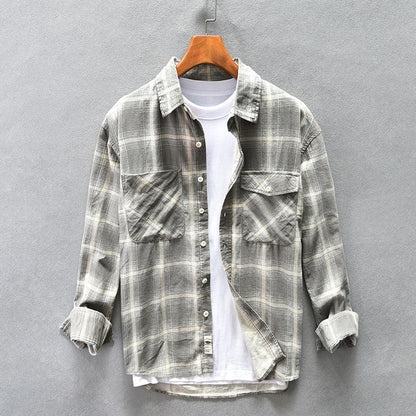High-end Pure Cotton Trendy Plaid Long-sleeved Shirt Men's Casual Loose Shirt Thickened Coat - Cruish Home