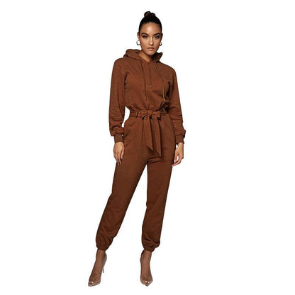 Slim-fit Long Sleeve Solid Color Hooded Half-open Collar Urban Leisure Women's Jumpsuit - Cruish Home