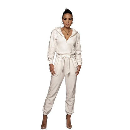 Slim-fit Long Sleeve Solid Color Hooded Half-open Collar Urban Leisure Women's Jumpsuit - Cruish Home