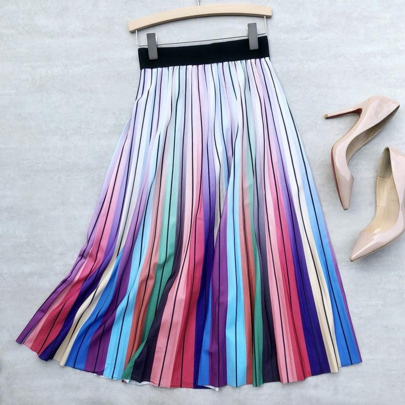 Women's High Waist Rainbow Printing Pleated Skirt - Cruish Home