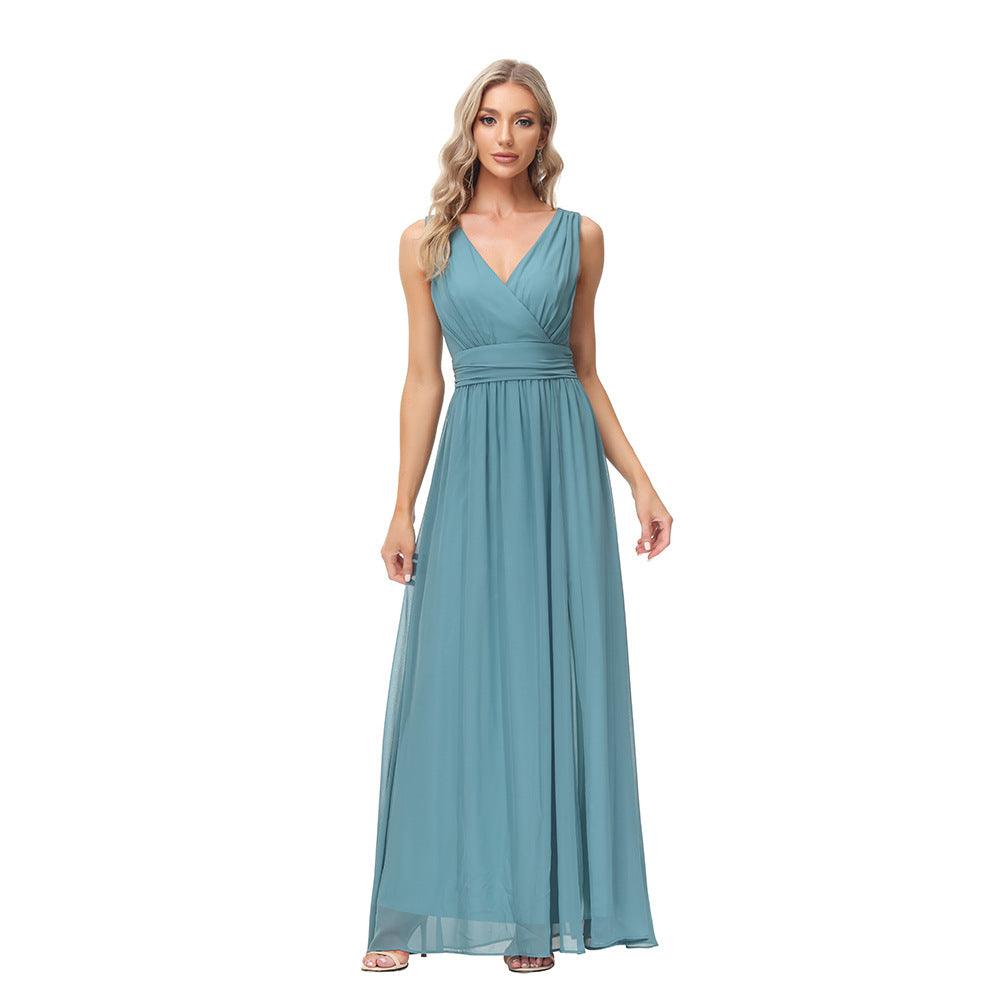 European And American Style Women Chiffon Double V-neck Sleeveless A- Line Evening Dress - Cruish Home