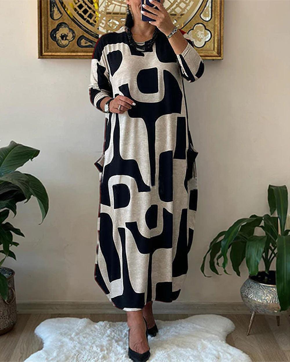 Women's Fashion Printed Loose Round-neck Long-sleeved Dress - Cruish Home