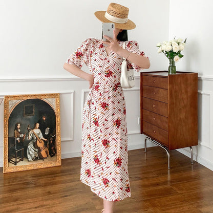 Retro French dress with puff sleeves and polka dot print